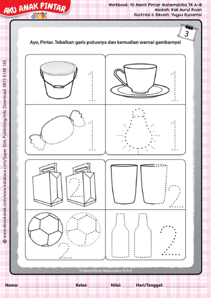 Workbook 10 Menit Pintar Matematika PAUD TK, Menebalkan dan Mewarnai Gambar dan Angka 1 dan 2
