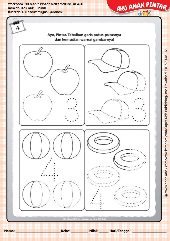 Workbook 10 Menit Pintar Matematika PAUD TK, Menebalkan dan Mewarnai Gambar dan Angka 3 dan 4