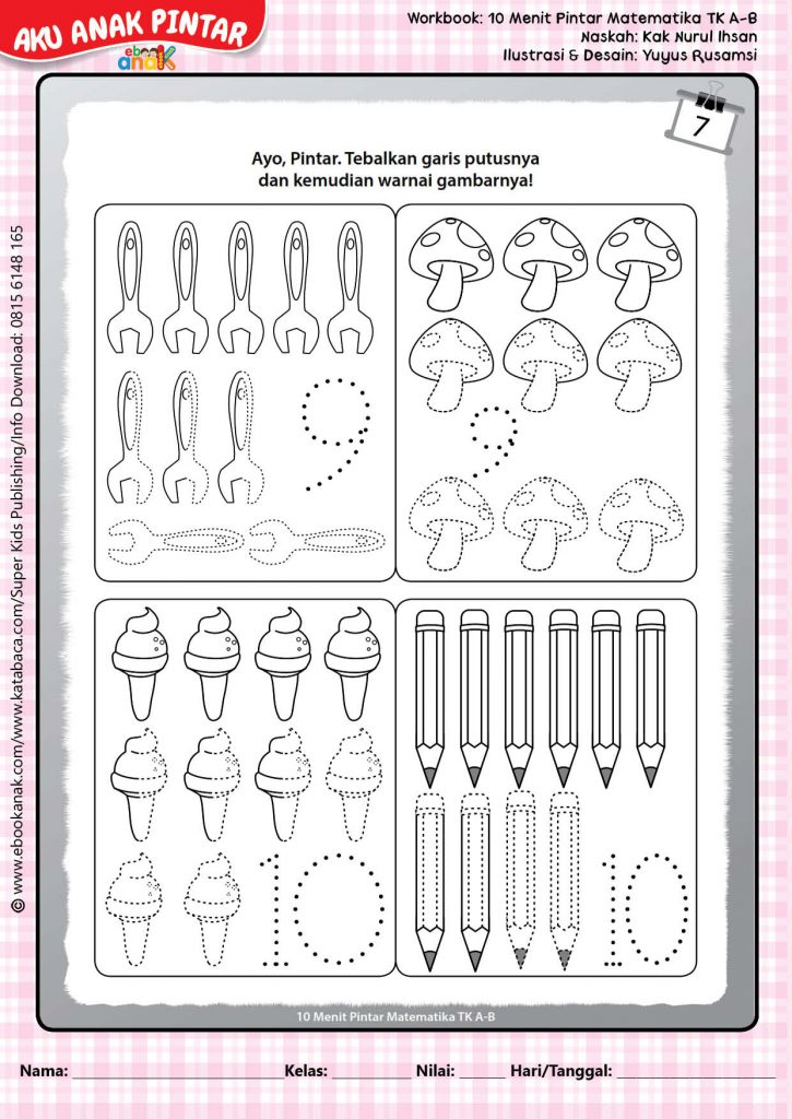 Workbook 10 Menit Pintar Matematika PAUD TK, Menebalkan dan Mewarnai Gambar dan Angka 9 dan 10