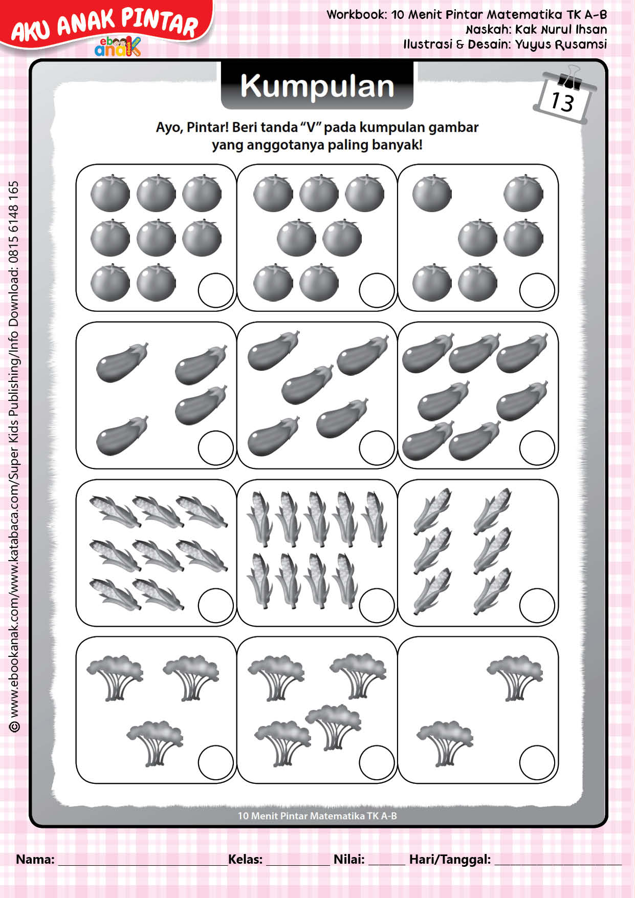 Workbook 10 Menit Pintar Matematika PAUD TK Mengenal Kumpulan Gambar Benda Paling Banyak