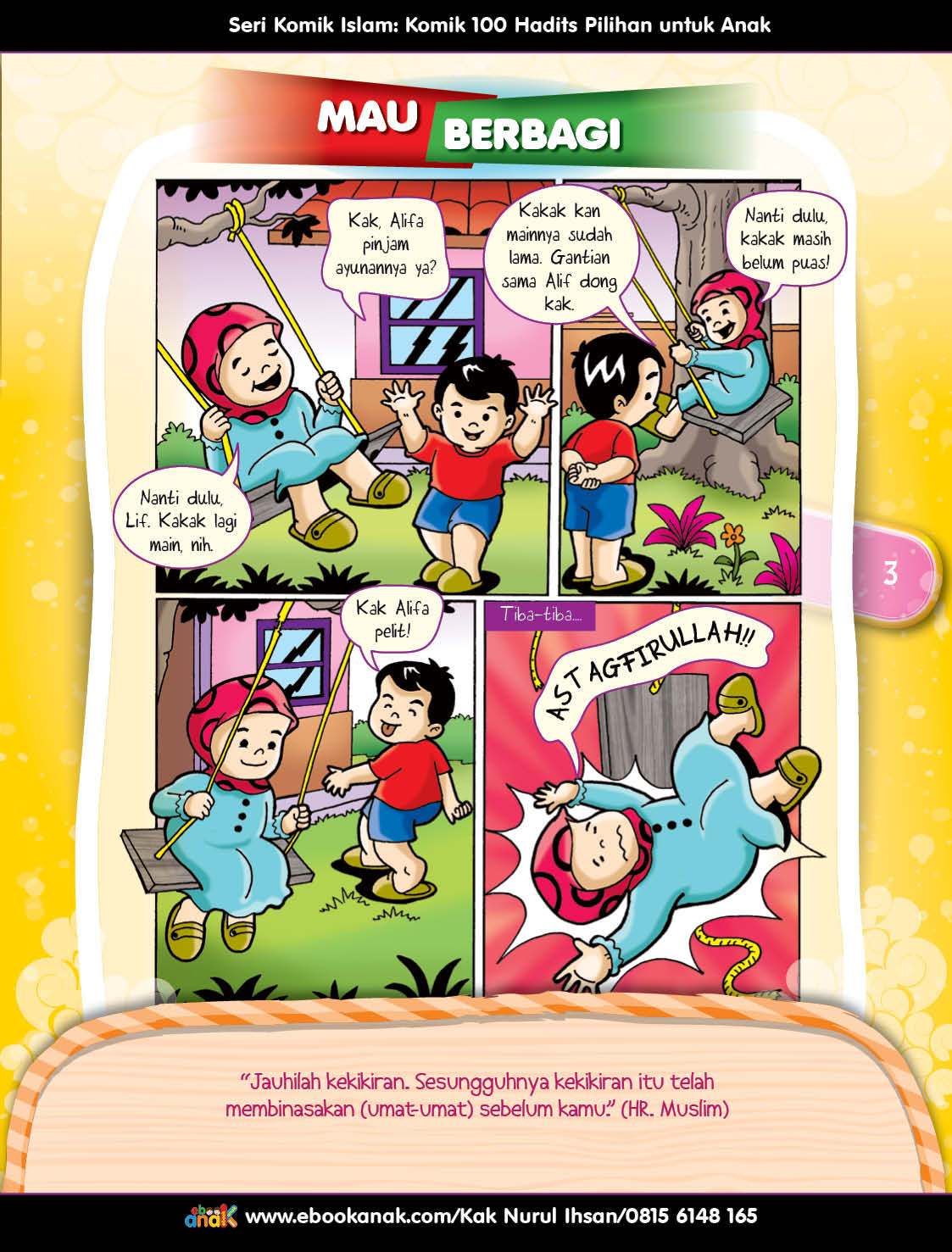 100 Komik Hadits Pilihan untuk Anak, Alifa Ingin Berlama-Lama Main Ayunan