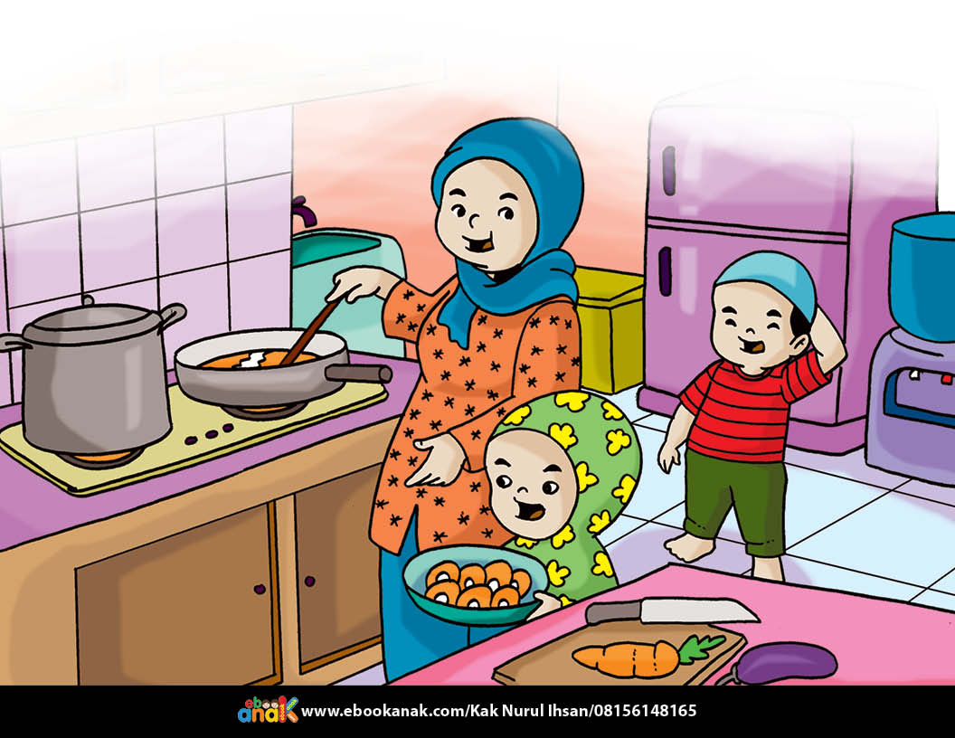 Membantu ibu memasak di dapur. (Gambar ebookanak.com)