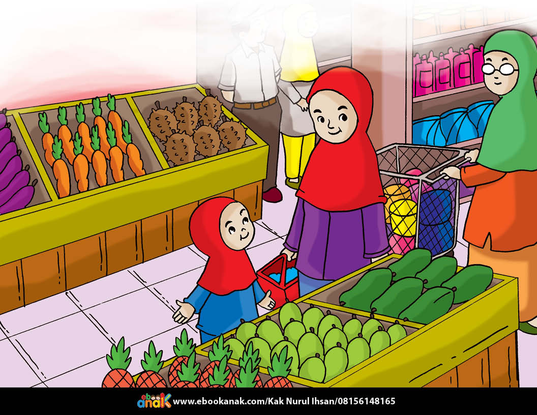 Membeli buah buahan di supermarket (Gambar ebookanak.com)