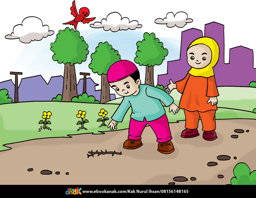 Menyingkirkan duri di jalan. (Gambar ebookanak.com)