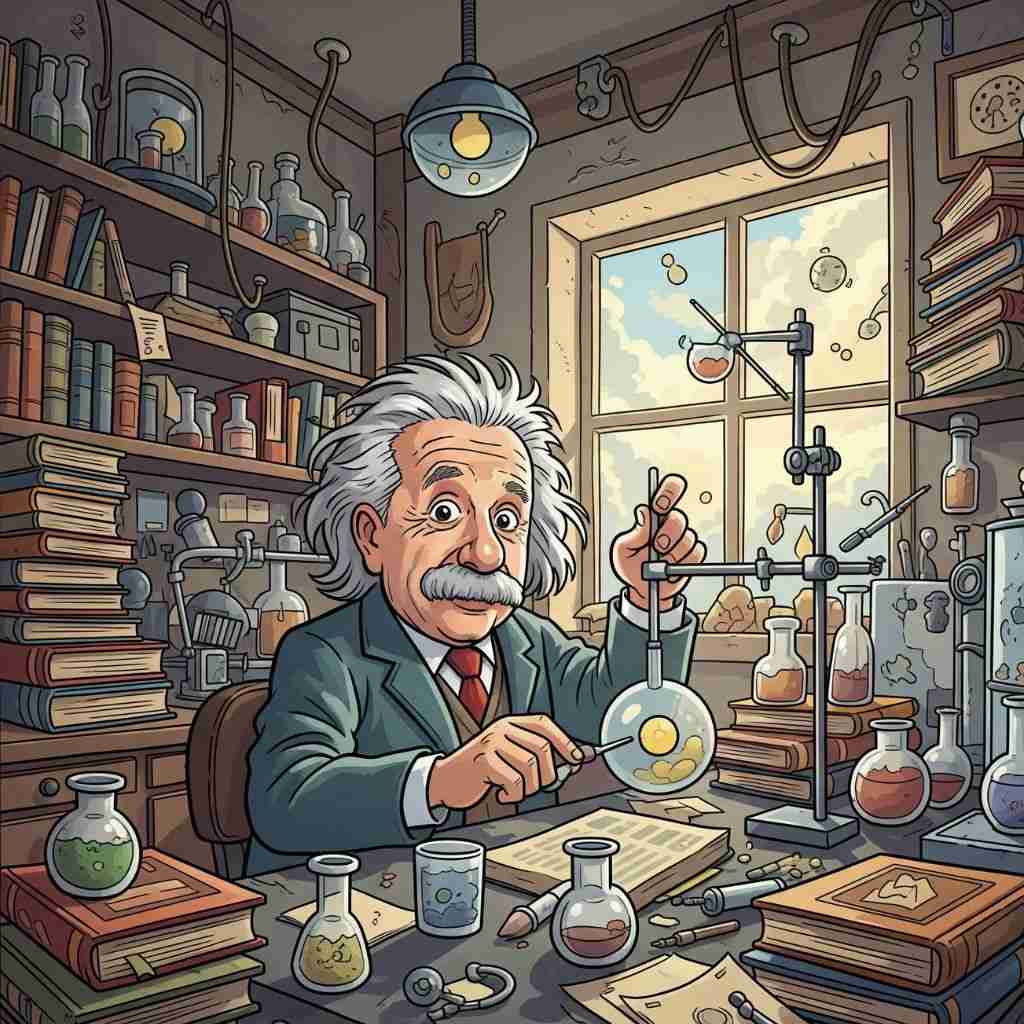 Albert Einstein sedang melakukan percobaan di ruang kerjanya. (elibrary.id)