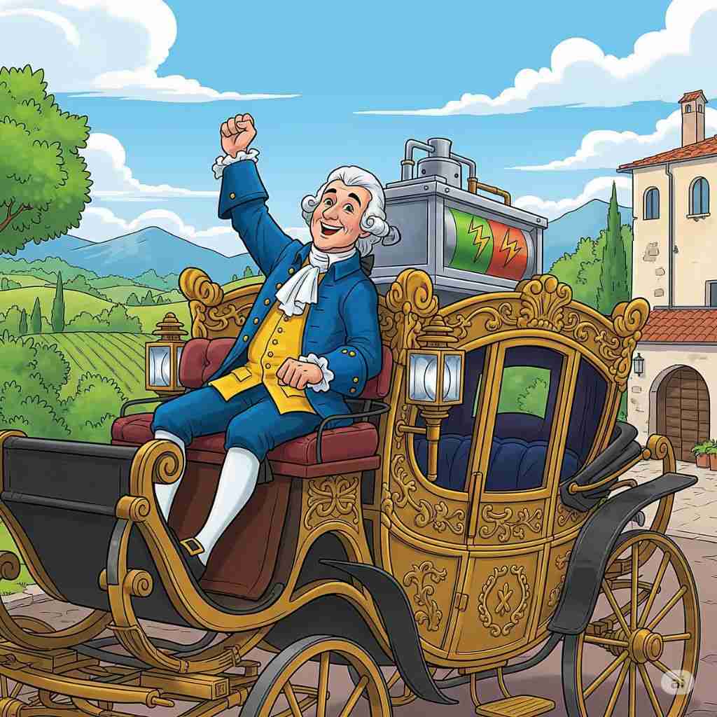 Alessandro Volta sedang membawa baterai listrik di atas kereta kudanya (elibrary.id)