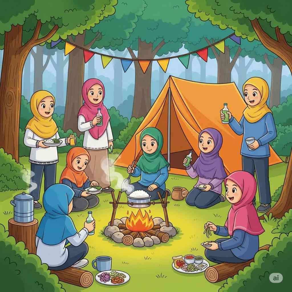 Anak gadis sedang kemping dan memasak di hutan (elibrary.id)