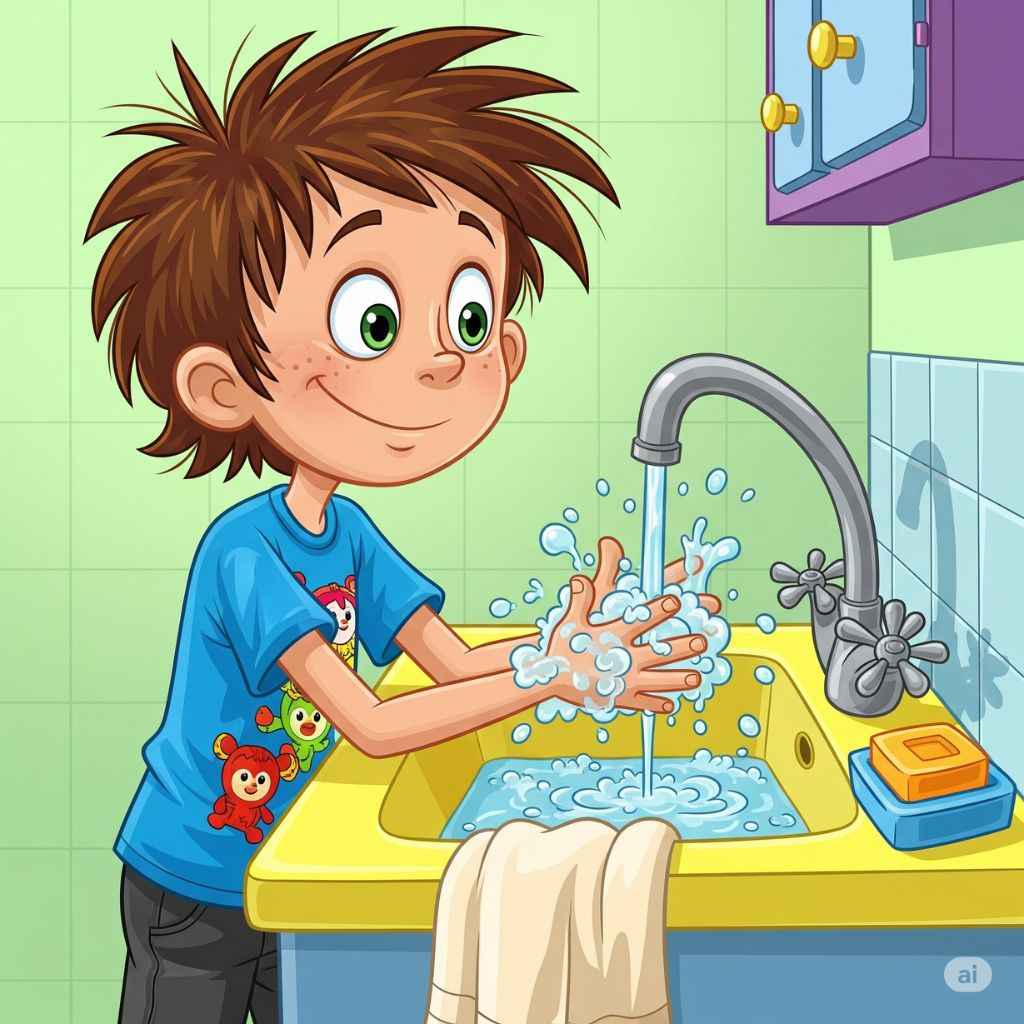 Anak laki laki sedang mencuci tangan di wastafel (elibrary.id)