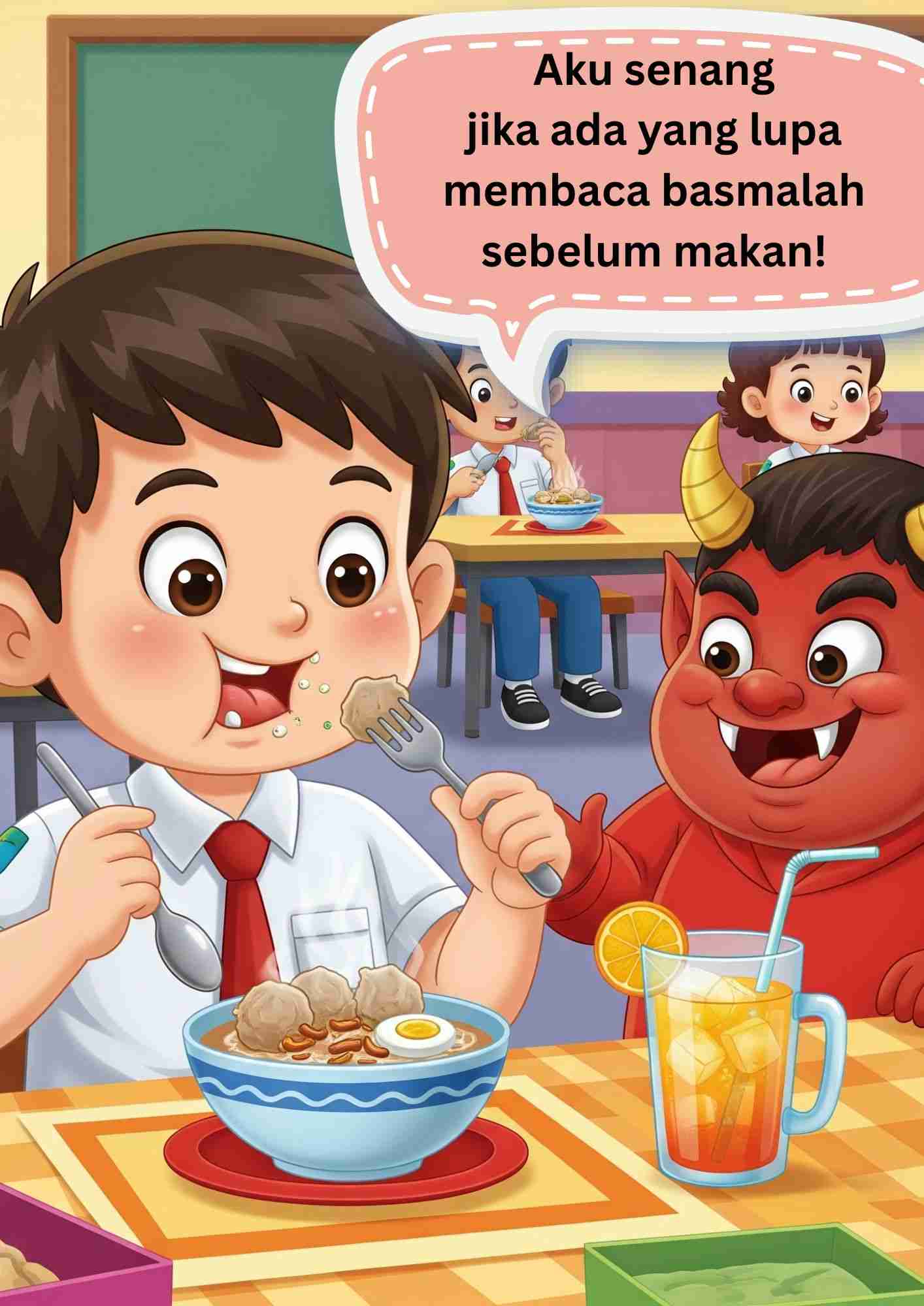 Anak makan baso lupa membaca basmalah (elibrary.id)
