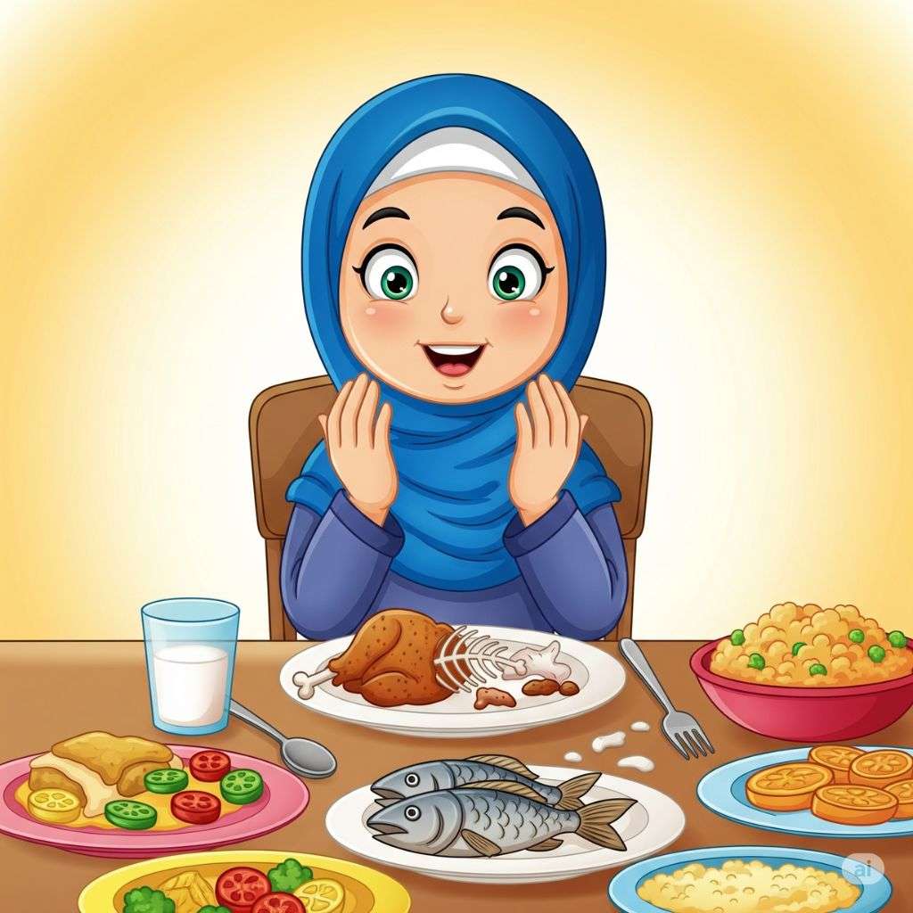 Anak perempuan sedang berdoa selesai makan siang. (elibrary.id)