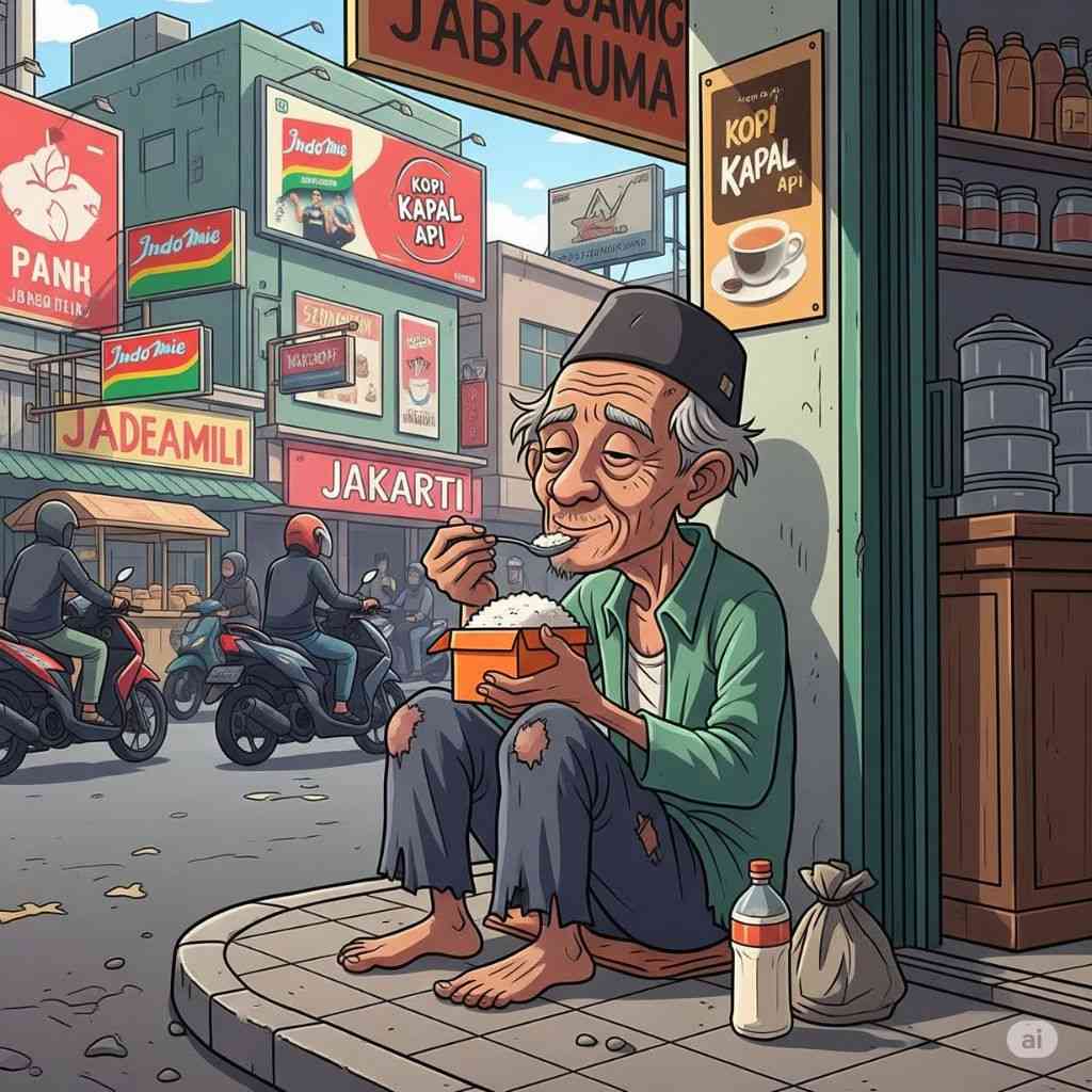 Kakek sedang makan nasi kotak di teras toko (elibrary.id)