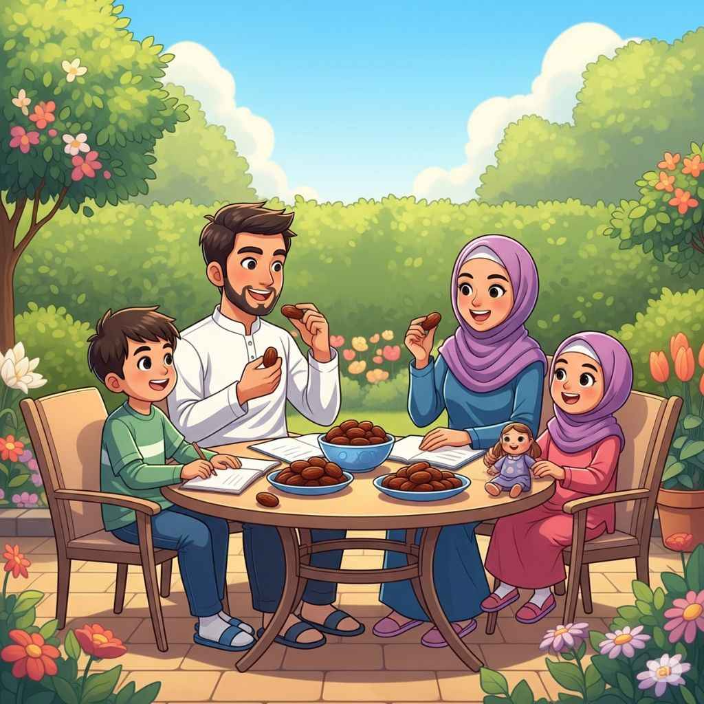 Keluarga muslim sedang makan kurma di taman rumah (elibrary.id)