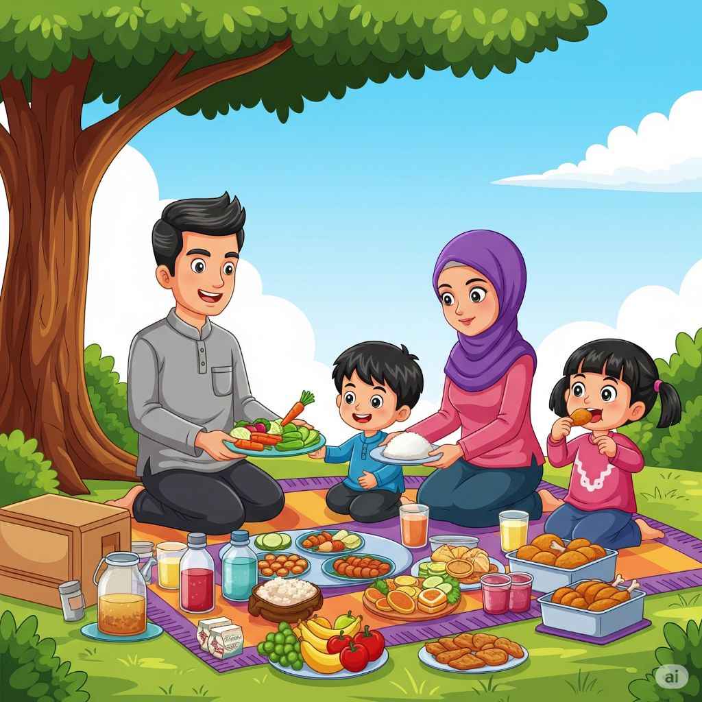 Keluarga sedang makan bersama di taman (elibrary.id)