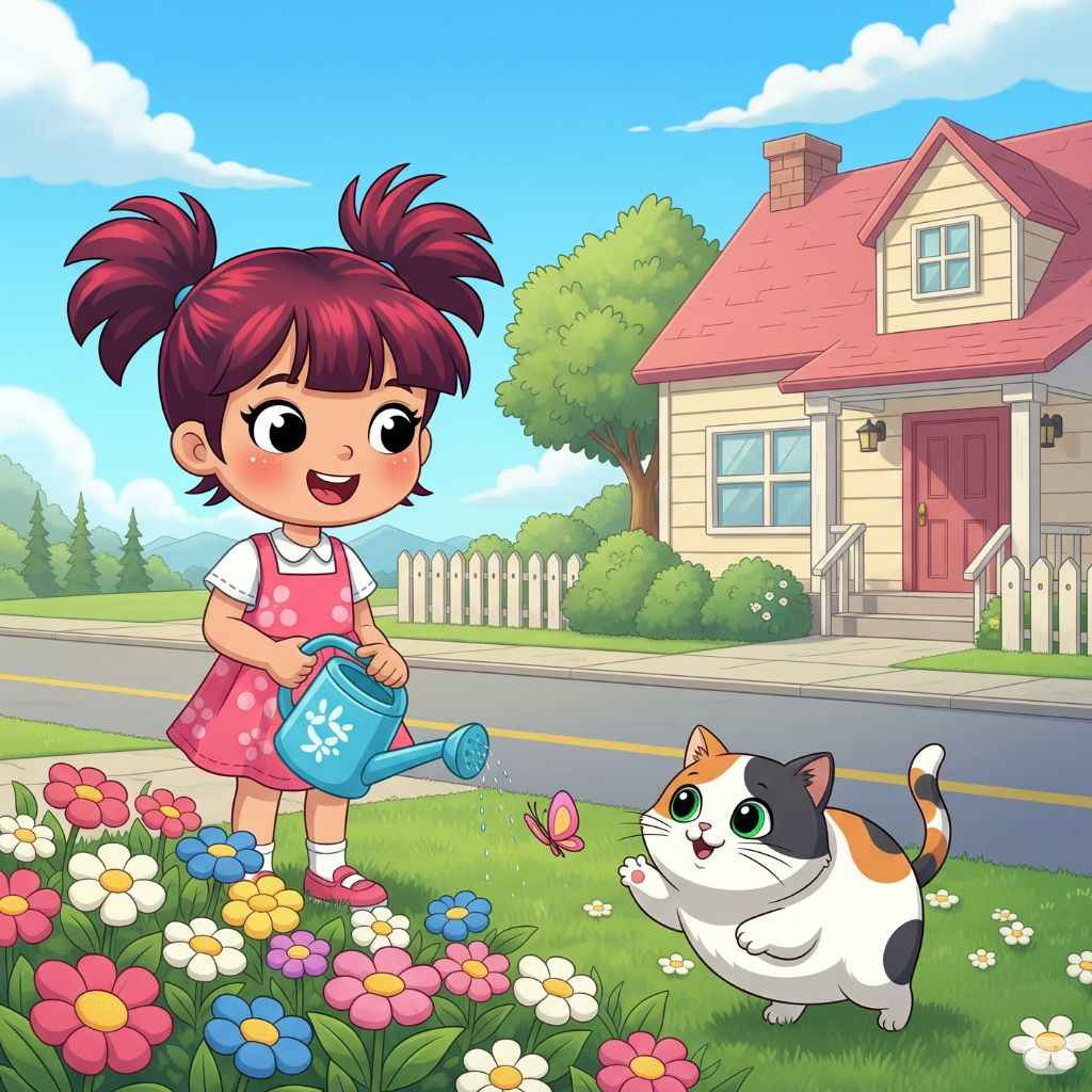 Kiki sedang menyiram bung di taman (elibrary.id)