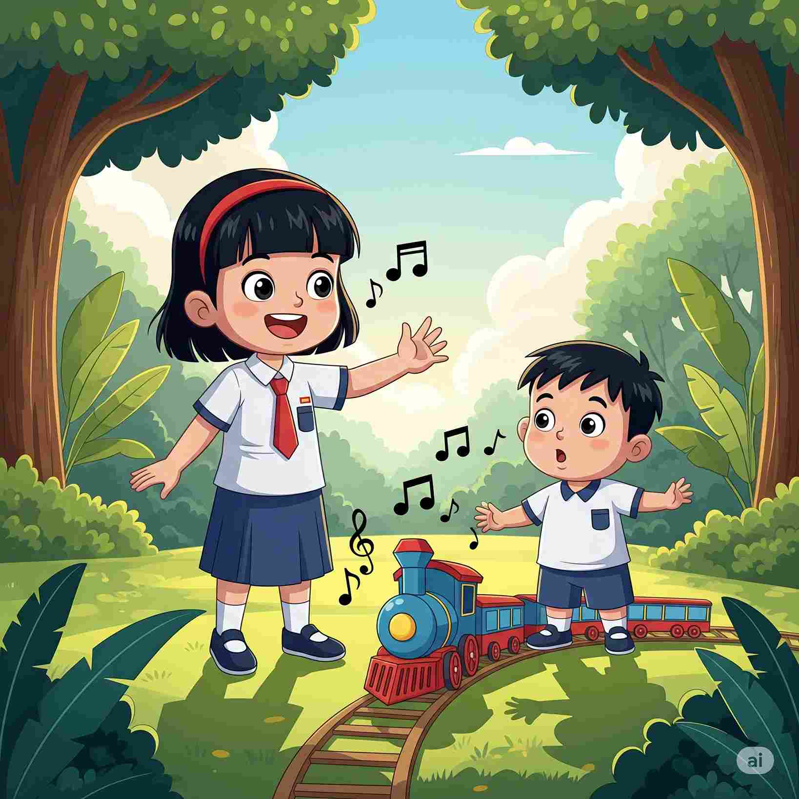 Main kereta api mainan di halaman rumah (elibrary.id)