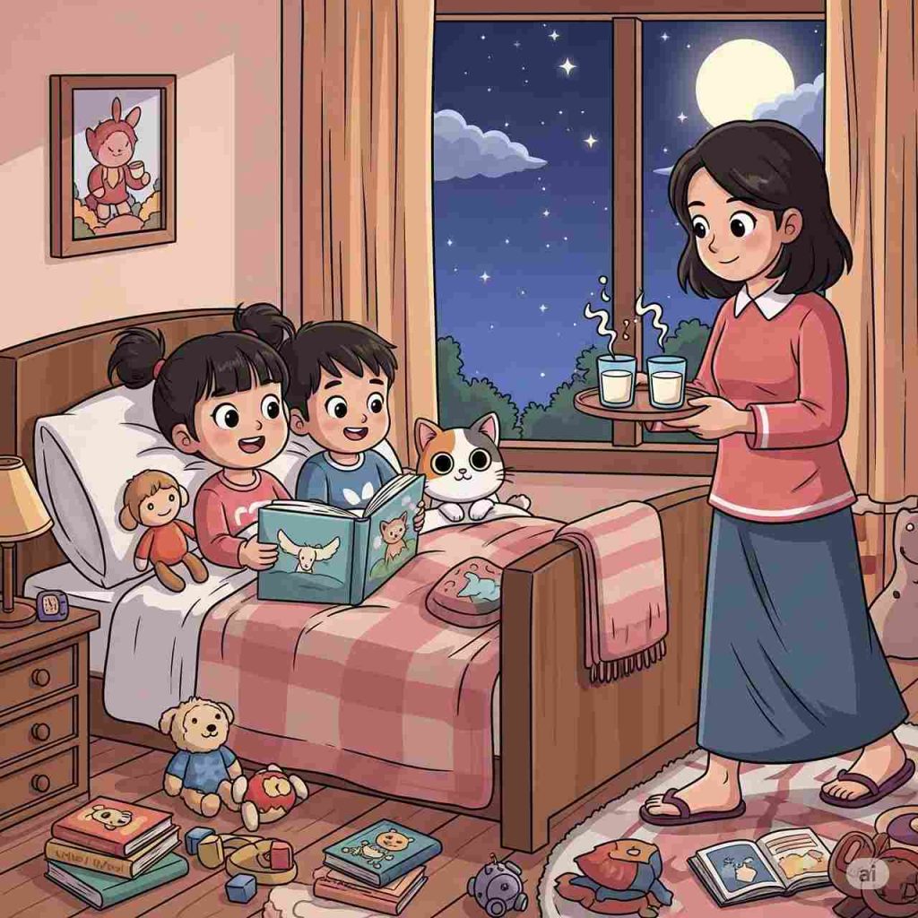 Mama membawakan susu hangat ketika Kiki dan Koko asyik membaca buku cerita (elibrary.id)