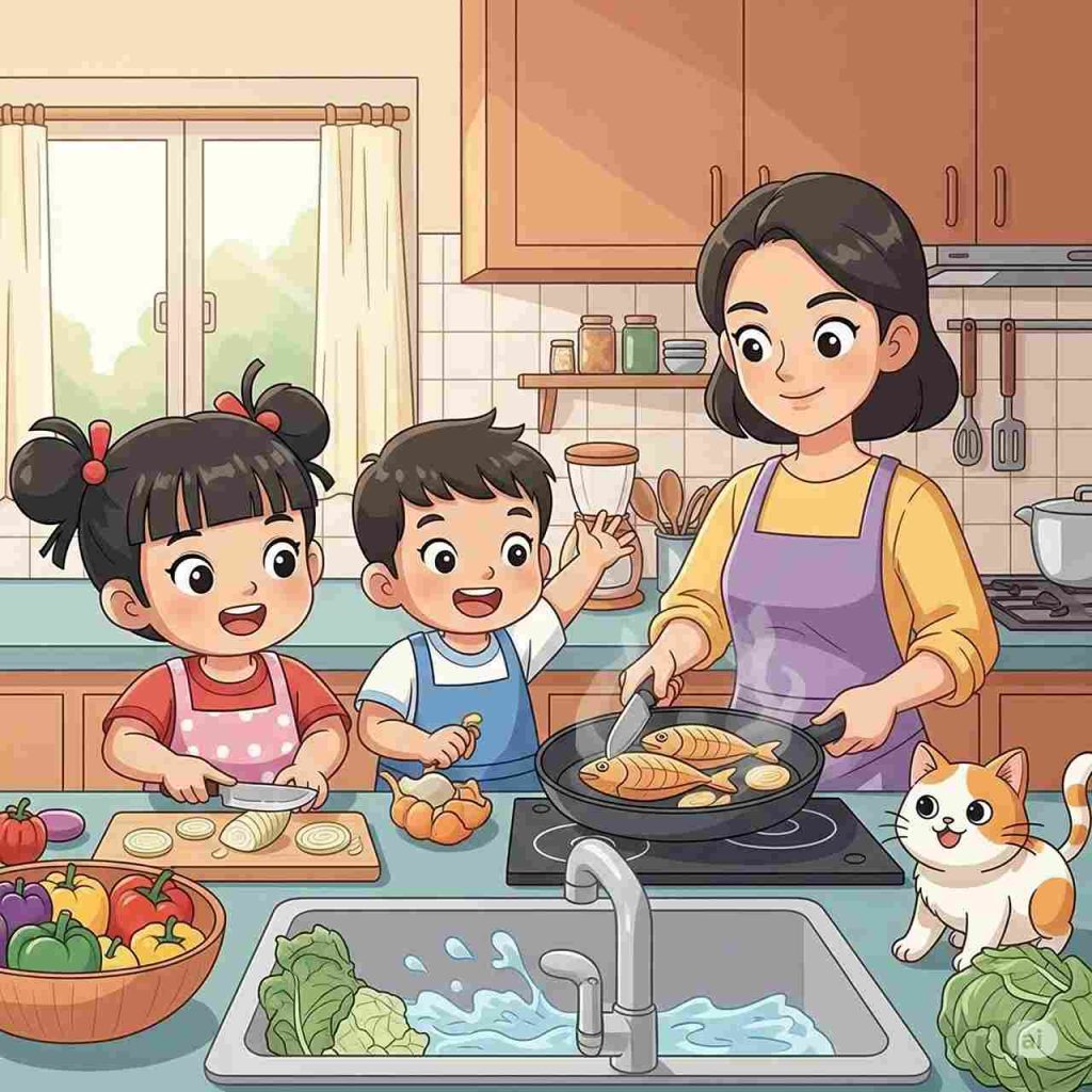 Membantu ibu memasak di dapur (elibrary.id)