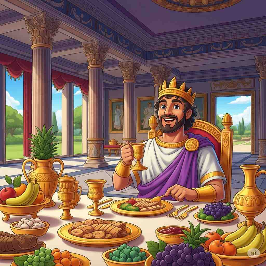 Raja sedang makan dengan menggunakan piring, gelas, dan peralatan dari emas (elibrary.id)