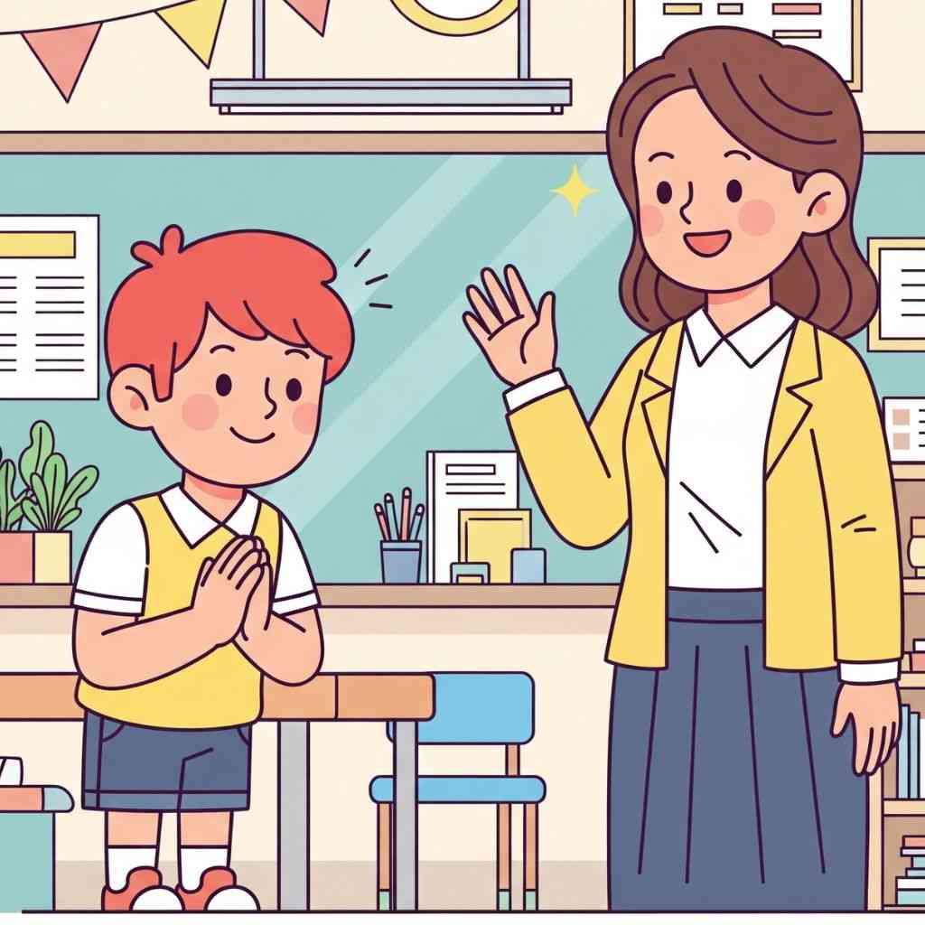 Seorang siswa sedang berpamitan kepada ibu guru (elibrary.id)
