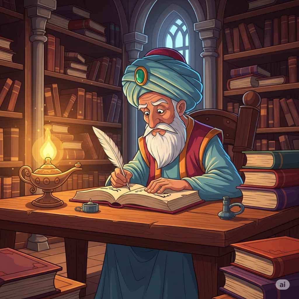 Seorang ulama sedang tekun menulis sebuah kitab di ruangan pribadinya (elibrary.id)