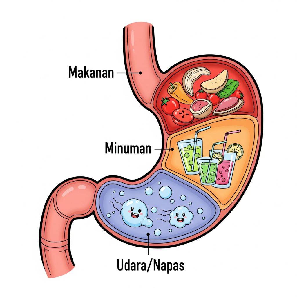 sepertiga makanan, sepertiga minuman, dan sepertiga udara atau napas di dalam tubuh (elibrary.di)