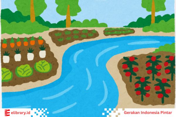 Air sungai mengalir lancar mengairi ladang pertanian di desa..jpg