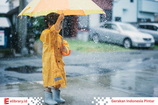 Anak membawa payung ketika hujan turun