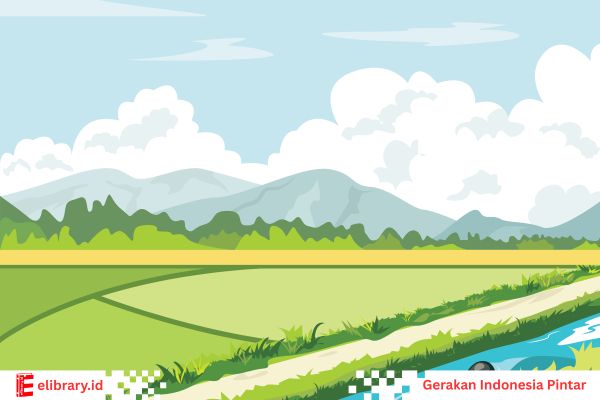 Gambar tanaman padi yang subur kuning di antara pegunungan dan sungai.