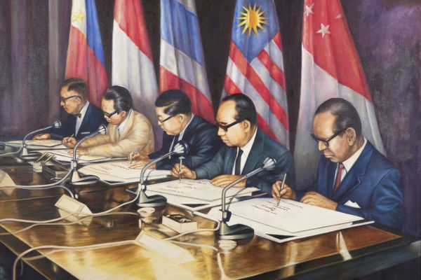 Ilustrasi Deklarasi Bangkok 1967 pendirian ASEAN oleh lima negara Asia Tenggara