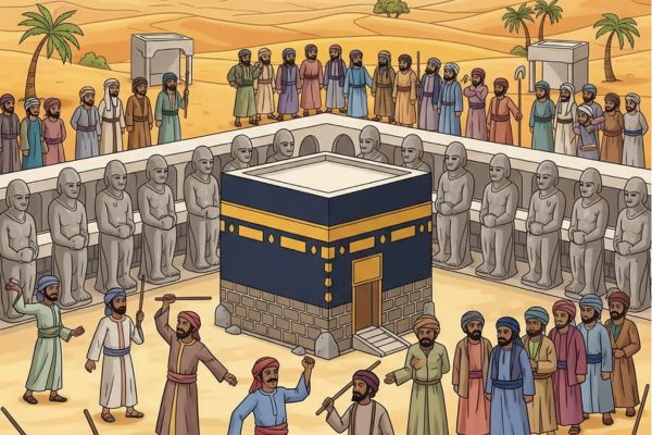Ilustrasi kondisi sosial Makkah saat kelahiran Nabi Muhammad ﷺ, masyarakat Arab dalam masa Jahiliyah, penuh peperangan antar kabilah, Ka’bah dikelilingi berhala.