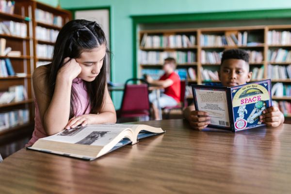 Membaca buku di perpustakaan sekolah