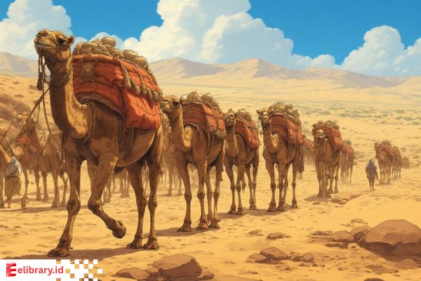 Ilustrasi kafilah pedagang Arab pada masa kerasulan Nabi Muhammad yang melintasi padang pasir tandus dengan unta dan barang dagangan