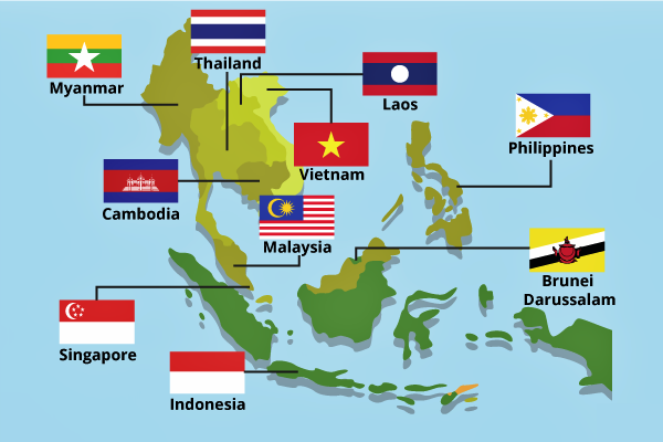 Peta Asia Tenggara dengan 5 negara pendiri ASEAN berwarna khusus