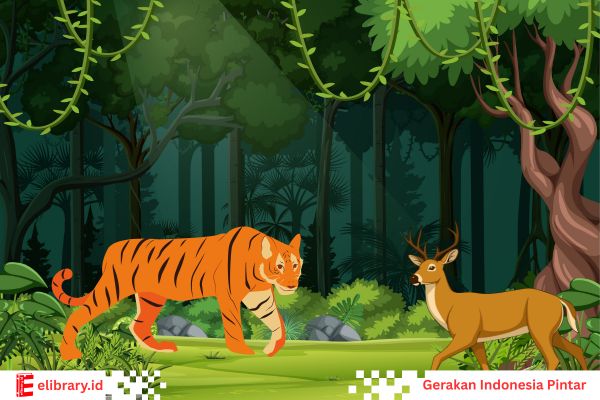 Seekor harimau sedang mengintai seekor rusa.