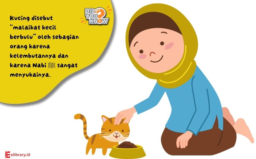 Anak Muslim memberi makan kucing peliharaan.