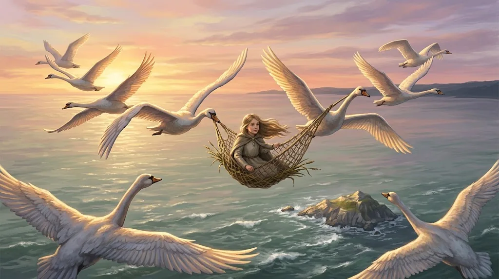 Ilustrasi Elisa dan sebelas kakaknya yang berubah menjadi angsa liar
