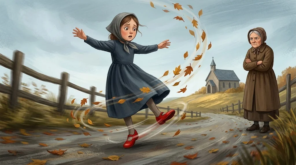 Ilustrasi Karen mengenakan sepatu merah dalam dongeng klasik