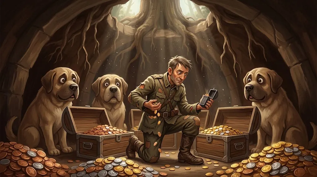 Ilustrasi prajurit menemukan kotak pemantik api dan tiga anjing ajaib