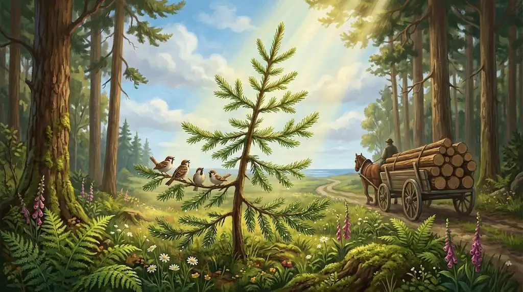 Ilustrasi pohon cemara muda dalam dongeng klasik Pohon Cemara karya Hans Christian Andersen.
