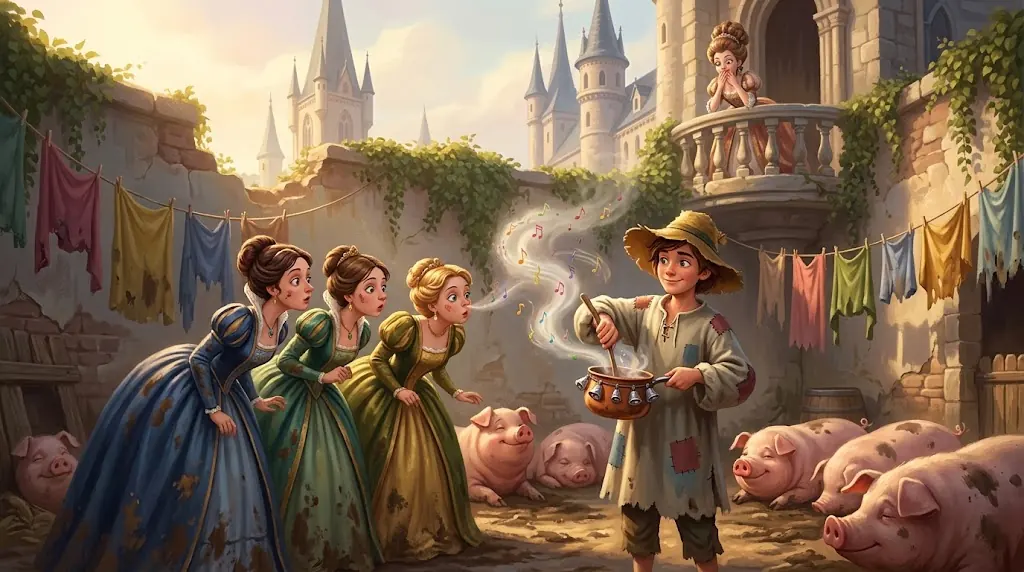 Ilustrasi dongeng Peternak Babi karya Hans Christian Andersen dengan pangeran yang menyamar.