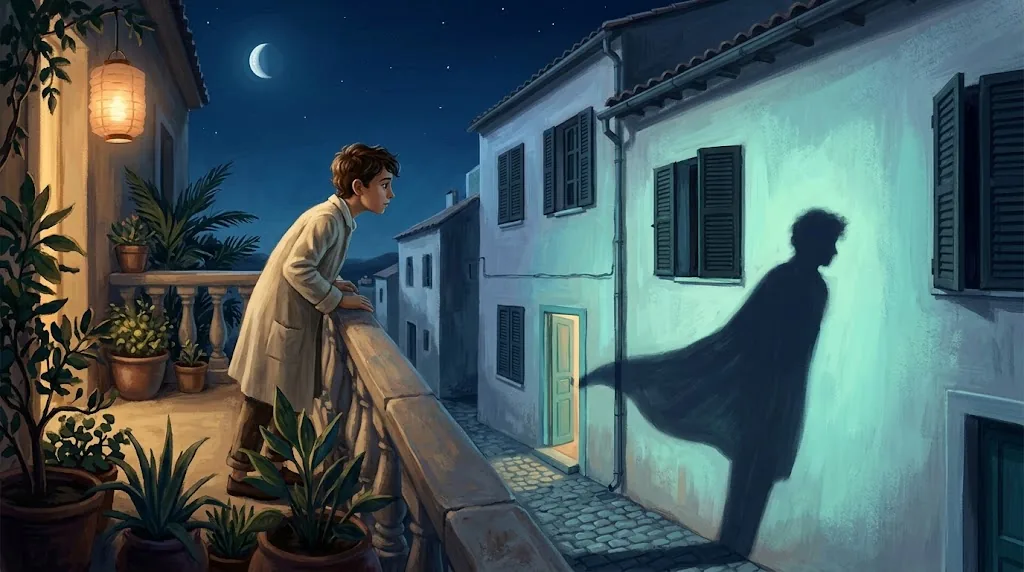 Ilustrasi dongeng Bayangan karya Hans Christian Andersen tentang seorang sarjana dan bayangannya yang misterius.