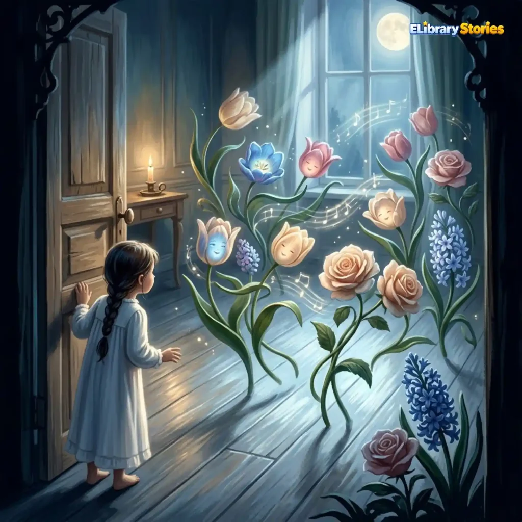 Ilustrasi dongeng Bunga-Bunga Kecil Ida tentang seorang gadis dan bunga-bunga ajaib.