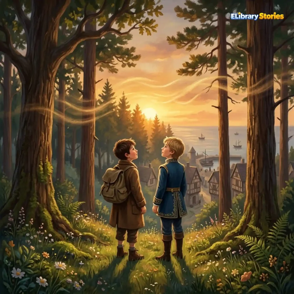 Ilustrasi dongeng Lonceng tentang pencarian suara misterius di tengah hutan.