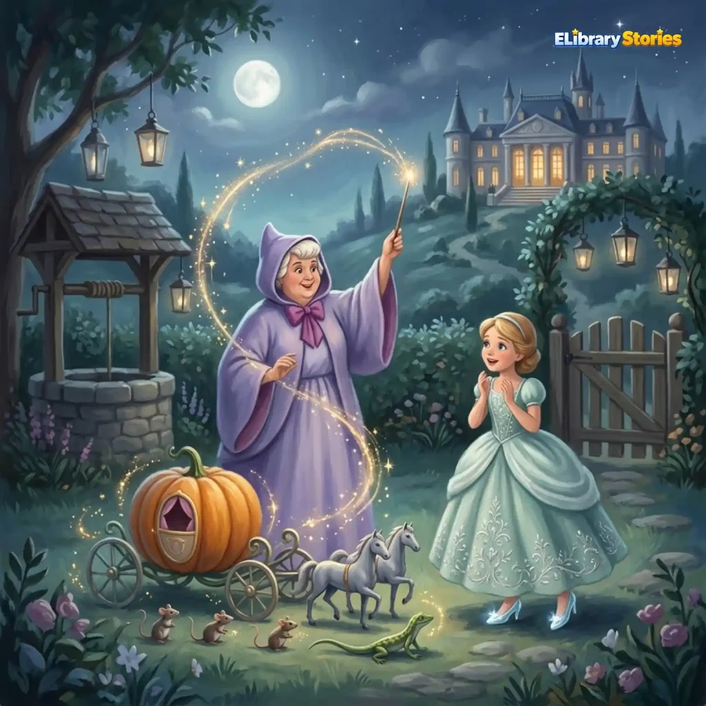 Ilustrasi dongeng Cinderella karya Charles Perrault tentang gadis berhati baik yang mendapat bantuan peri untuk menghadiri pesta kerajaan.