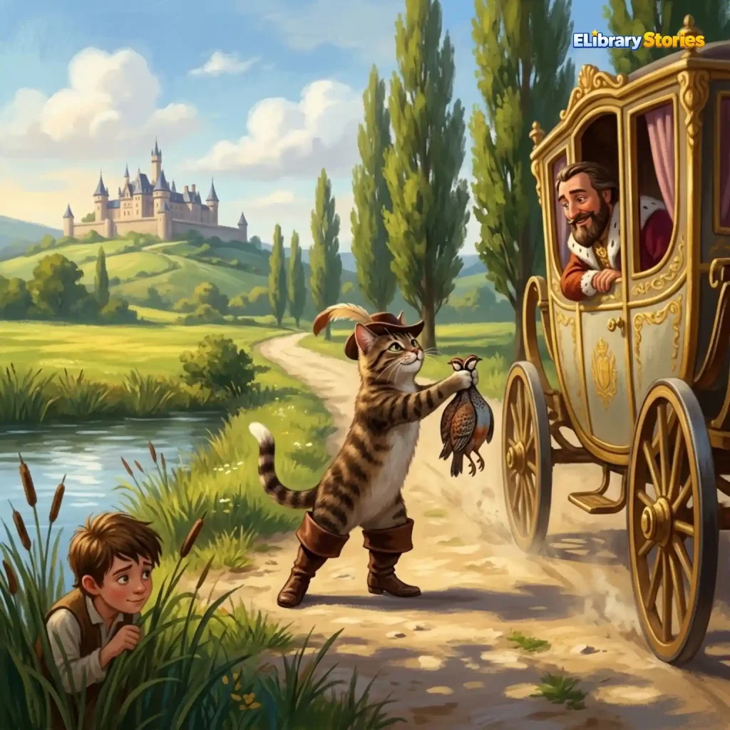 Ilustrasi dongeng Kucing Bersepatu Bot karya Charles Perrault tentang seekor kucing cerdik yang membantu mengubah nasib tuannya.