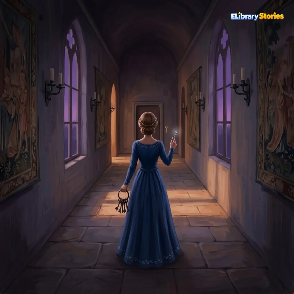 Ilustrasi dongeng Si Jenggot Biru tentang seorang bangsawan misterius, kunci, dan pintu terlarang.