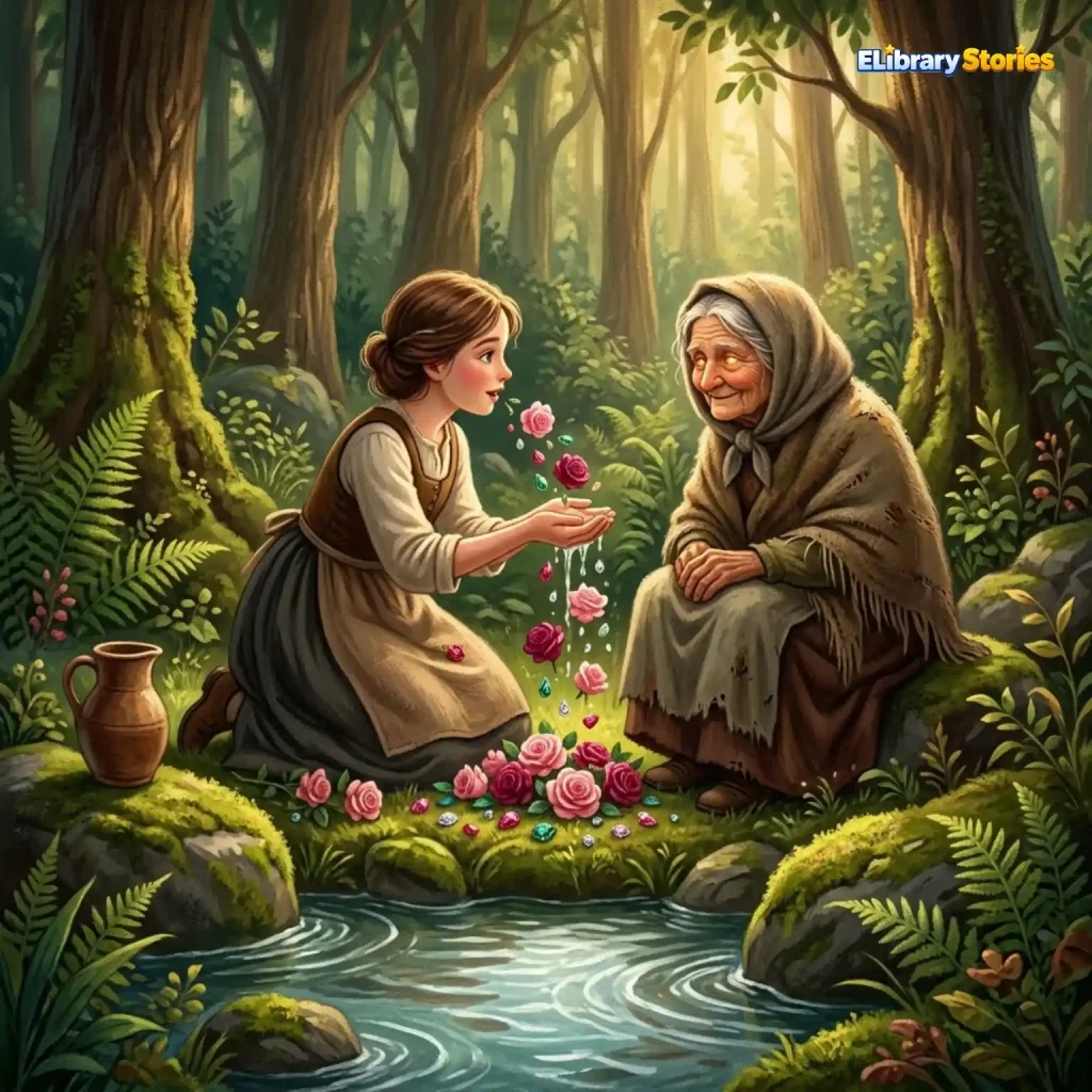 Ilustrasi dongeng Peri-Peri tentang seorang gadis yang bertemu peri di dekat mata air dan menerima hadiah ajaib.