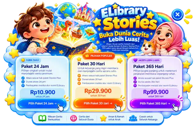 Popup promosi ELibrary Stories Plus dengan pilihan paket Premium 24 jam, 30 hari, dan 365 hari untuk membuka akses ke lebih banyak cerita anak berkualitas.