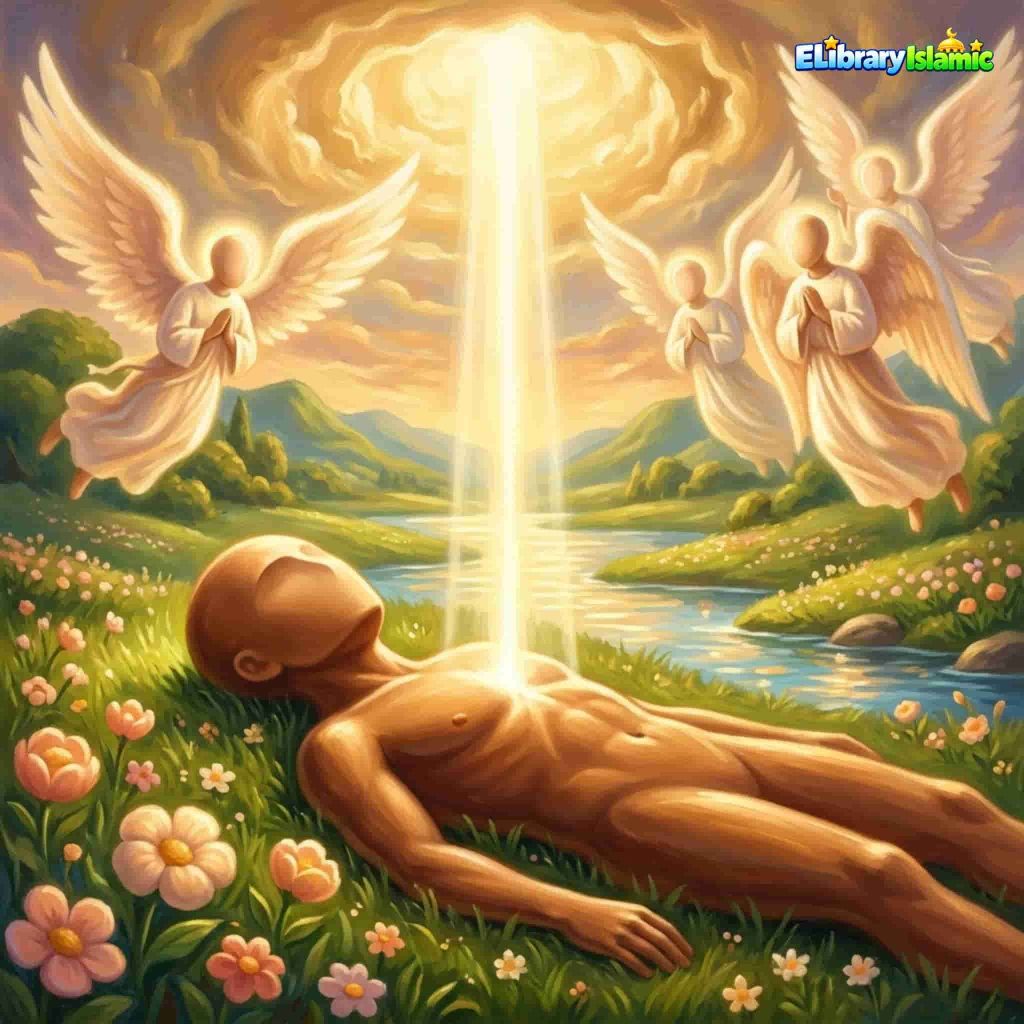Ilustrasi digital painting klasik tentang penciptaan Nabi Adam AS dari tanah liat, dikelilingi malaikat yang bersujud, sementara Iblis yang berwujud bayangan api merah berdiri sombong.